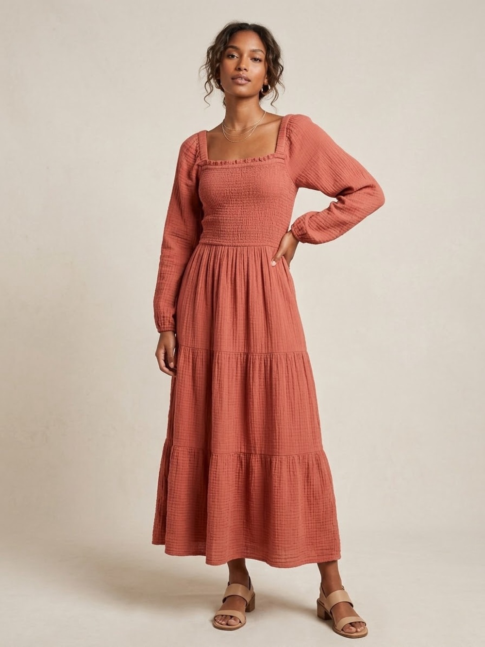 Square Neck Smocked Long Sleeve Tiered Maxi Dress Rust Burnt Orange Large